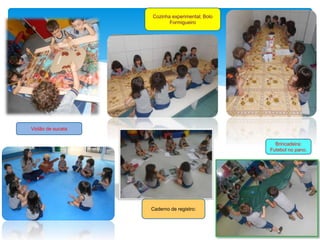 Cozinha experimental; Bolo
Formigueiro
Brincadeira:
Futebol no pano.
Caderno de registro:
Violão de sucata
 