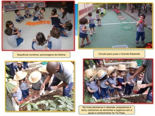 Sequência numérica: personagens da história. Circuito para puxar o Grande Rabanete
Na horta plantamos o rabanete, preparamos a
terra, colocamos as sementes e regamos com a
ajuda e conhecimento do Tio Pepe.
 