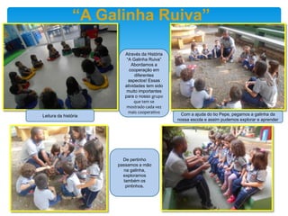 “A Galinha Ruiva”
Leitura da história Com a ajuda do tio Pepe, pegamos a galinha da
nossa escola e assim pudemos explorar e aprender
De pertinho
passamos a mão
na galinha,
exploramos
também os
pintinhos.
Através da História
“A Galinha Ruiva”
Abordamos a
cooperação em
diferentes
aspectos! Essas
atividades tem sido
muito importantes
para o nosso grupo
que tem se
mostrado cada vez
mais cooperativo
 