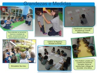 Grandezas e Medidas
Brincadeira: Seu Urso.
Caderno de Registros:
Atividade da família
Classificando o personagem
da história em: Grande,
Médio e PequenoPara entender os tamanhos,
fizemos a medição de
todos, comparando com os
personagens da história.
Para finalizar o projeto com
a história da Cachinhos
Dourados, fomos na
cozinha fazer o Mingau de
chocolate. Uma delicia.
 