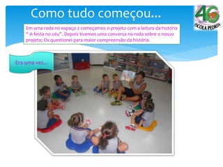 Como tudo começou...
Em uma roda no espaço 2 começamos o projeto com a leitura da história
“ A festa no céu”. Depois tivemos uma conversa na roda sobre o nosso
projeto; Os questionei para maior compreensão da história.
Era uma vez...
 