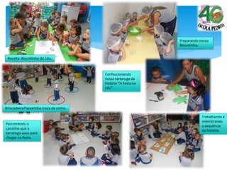 Receita :Biscoitinho do Céu.
Preparando nosso
Biscoitinho.
Brincadeira:Passarinho troca de ninho.
Confeccionando
nossa tartaruga da
história “A festa no
céu”.
Percorrendo o
caminho que a
tartaruga usou para
chegar na festa.
Trabalhando e
relembrando
a sequência
da história.
 
