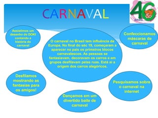 CARNAVAL
O carnaval no Brasil tem influência da
Europa. No final do séc 19, começaram a
aparecer no país os primeiros blocos
carnavalescos. As pessoas se
fantasiavam, decoravam os carros e em
grupos desfilavam pelas ruas. Está aí a
origem dos carros alegóricos.
Pesquisamos sobre
o carnaval na
internet
Confeccionamos
máscaras de
carnaval
Assistimos um
desenho do DOKI
contando a
história do
carnaval
Desfilamos
mostrando as
fantasias para
os amigos!
Dançamos em um
divertido baile de
carnaval
 