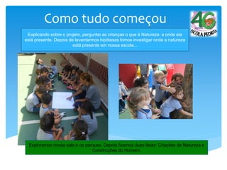 Como tudo começou
Explicando sobre o projeto, perguntei as crianças o que é Natureza e onde ela
está presente. Depois de levantarmos hipóteses fomos investigar onde a natureza
está presente em nossa escola...
Exploramos nossa sala e os parques. Depois fizemos duas listas: Criações da Natureza e
Construções do Homem.
 