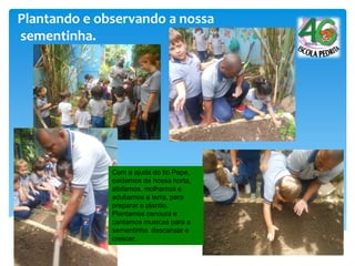 Plantando e observando a nossa
sementinha.
Com a ajuda do tio Pepe,
cuidamos da nossa horta,
afofamos, molhamos e
adubamos a terra, para
preparar o plantio.
Plantamos cenoura e
cantamos musicas para a
sementinha descansar e
crescer.
 