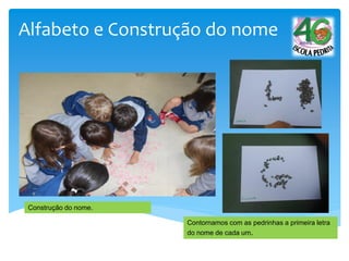 Alfabeto e Construção do nome
Contornamos com as pedrinhas a primeira letra
do nome de cada um.
Construção do nome.
 