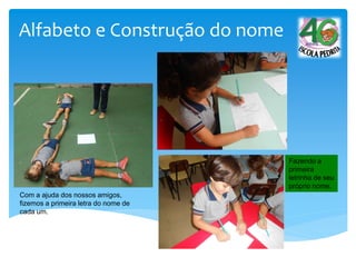 Alfabeto e Construção do nome
Com a ajuda dos nossos amigos,
fizemos a primeira letra do nome de
cada um.
Fazendo a
primeira
letrinha de seu
próprio nome.
 