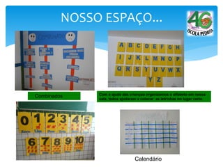NOSSO ESPAÇO...
Combinados
Calendário
Com a ajuda das crianças organizamos o alfabeto em nossa
sala, todos ajudaram a colocar as letrinhas no lugar certo.
 