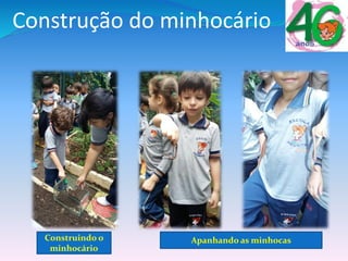Construção do minhocário
Construindo o
minhocário
Apanhando as minhocas
 