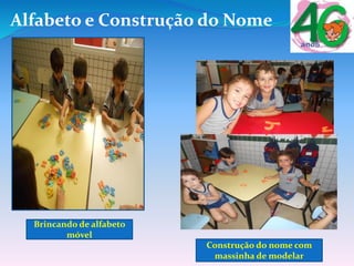 Brincando de alfabeto
móvel
Construção do nome com
massinha de modelar
Alfabeto e Construção do Nome
 