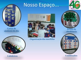 Nosso Espaço...
Cartaz de
ajudante do dia
Árvore da
obediência
Cabideiros
Organização das mochilas
Combinados
 