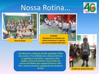 Nossa Rotina...
Escolha do ajudante do dia
Escolhemos o ajudante do dia seguindo a lista
dos nomes. O escolhido tem a função de levar
as agendas à secretária, organizar a fila,
ajudar na hora do lanche e me auxilia em
outras atividades que surgem durante o dia.
Eles adoram mostrar a plaquinha de ajudante
do dia!
Hora da Saída
Acolhida
Recebemos as crianças com
muito entusiasmo e cada dia
com uma atividade diferente!
 