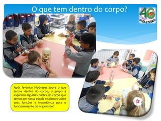 O que tem dentro do corpo?
Após levantar hipóteses sobre o que
temos dentro do corpo, o grupo 4
explorou algumas partes do corpo que
temos em nossa escola e falamos sobre
suas funções e importância para o
funcionamento do organismo!
 