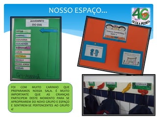 NOSSO ESPAÇO...
FOI COM MUITO CARINHO QUE
PREPARAMOS NOSSA SALA. É MUITO
IMPORTANTE QUE AS CRIANÇAS
PARTICIPEM DESTE MOMENTO PARA SE
APROPRIAREM DO NOVO GRUPO E ESPAÇO
E SENTIREM-SE PERTENCENTES AO GRUPO
4!
 