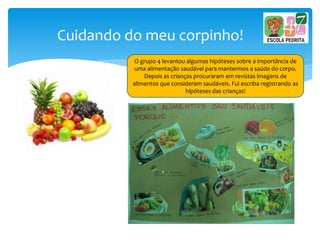 Cuidando do meu corpinho!
O grupo 4 levantou algumas hipóteses sobre a importância de
uma alimentação saudável para mantermos a saúde do corpo.
Depois as crianças procuraram em revistas imagens de
alimentos que consideram saudáveis. Fui escriba registrando as
hipóteses das crianças!
 