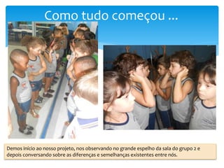 Como tudo começou ...
Demos início ao nosso projeto, nos observando no grande espelho da sala do grupo 2 e
depois conversando sobre as diferenças e semelhanças existentes entre nós.
 