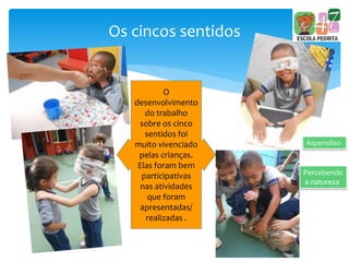 Os cincos sentidos
O
desenvolvimento
do trabalho
sobre os cinco
sentidos foi
muito vivenciado
pelas crianças.
Elas foram bem
participativas
nas atividades
que foram
apresentadas/
realizadas .
Percebendo
a natureza
Áspero/liso
 