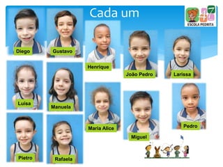 Cada um
Diego Gustavo
Henrique
João Pedro Larissa
Luísa
Manuela
Maria Alice
Miguel
Pietro Rafaela
Pedro
 