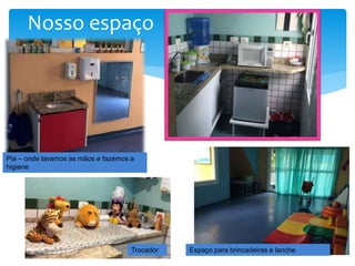 Nosso espaço
Pia – onde lavamos as mãos e fazemos a
higiene
Nossa cozinha
Espaço para brincadeiras e lancheTrocador
 