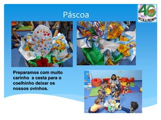 Páscoa
Preparamos com muito
carinho a cesta para o
coelhinho deixar os
nossos ovinhos.
 