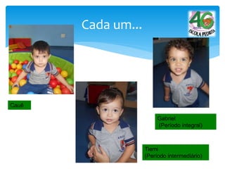 Cada um...
Cauê
Gabriel
(Período integral)
Tiemi
(Período intermediário)
 