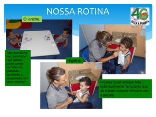 NOSSA ROTINA
O lanche.
“Meu lanchinho,
meu lanchinho”
Que delícia
poder comer
comidas tão
gostosas,
saudáveis e
preparadas com
tanto carinho!! Higiene bucal sempre feita
individualmente. Enquanto isso
as outras crianças brincam com
a auxiliar.
Higiene.
 