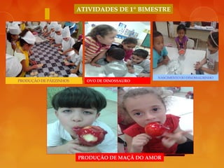 PRODUÇÃO DE PÃEZINHOS NASCIMENTO DO DINOSSAURINHO
PRODUÇÃO DE PÃEZINHOS
OVO DE NINOSSAURO
PRODUÇÃO DE MAÇÃ DO AMOR
OVO DE DINOSSAURO
ATIVIDADES DE 1º BIMESTRE
 