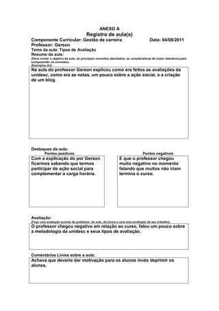 ANEXO A
                                       Registro de aula(s)
Componente Curricular: Gestão de carreira                                           Data: 04/08/2011
Professor: Gerson
Tema da aula: Tipos de Avaliação
Resumo da aula:
(Deve conter o objetivo da aula, os principais conceitos abordados, as características de maior relevância para
compreender os conceitos,
(Exemplos etc)
Na aula do professor Gerson explicou como era feitos as avaliações da
unidesc, como era as notas, um pouco sobre a ação social, e a criação
de um blog.




Destaques da aula:
         Pontos positivos                                                      Pontos negativos
Com a explicação do por Gerson                                 E que o professor chegou
ficarmos sabendo que termos                                    muito negativo no momento
participar de ação social para                                 falando que muitos não iriam
complementar a carga horária.                                  termina o curso.




Avaliação:
(Faça uma avaliação sucinta do professor, da aula, da turma e uma auto-avaliação de seu trabalho)
O professor chegou negativo em relação ao curso, falou um pouco sobre
a metodologia da unidesc e seus tipos de avaliação.




Comentários Livres sobre a aula:
Achava que deveria dar motivação para os alunos invés deprimir os
alunos.
 