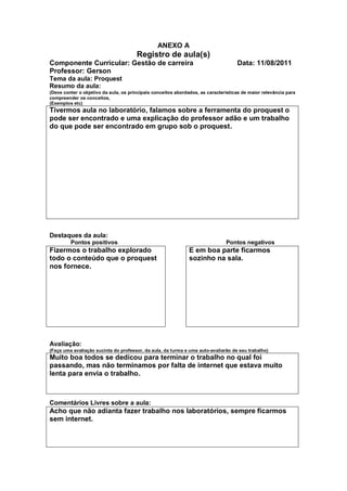 ANEXO A
                                       Registro de aula(s)
Componente Curricular: Gestão de carreira                                           Data: 11/08/2011
Professor: Gerson
Tema da aula: Proquest
Resumo da aula:
(Deve conter o objetivo da aula, os principais conceitos abordados, as características de maior relevância para
compreender os conceitos,
(Exemplos etc)
Tivermos aula no laboratório, falamos sobre a ferramenta do proquest o
pode ser encontrado e uma explicação do professor adão e um trabalho
do que pode ser encontrado em grupo sob o proquest.




Destaques da aula:
         Pontos positivos                                                      Pontos negativos
Fizermos o trabalho explorado                                  E em boa parte ficarmos
todo o conteúdo que o proquest                                 sozinho na sala.
nos fornece.




Avaliação:
(Faça uma avaliação sucinta do professor, da aula, da turma e uma auto-avaliarão de seu trabalho)
Muito boa todos se dedicou para terminar o trabalho no qual foi
passando, mas não terminamos por falta de internet que estava muito
lenta para envia o trabalho.



Comentários Livres sobre a aula:
Acho que não adianta fazer trabalho nos laboratórios, sempre ficarmos
sem internet.
 
