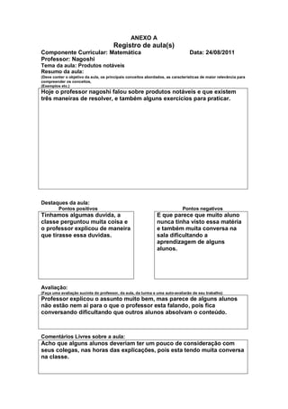 ANEXO A
                                       Registro de aula(s)
Componente Curricular: Matemática                                               Data: 24/08/2011
Professor: Nagoshi
Tema da aula: Produtos notáveis
Resumo da aula:
(Deve conter o objetivo da aula, os principais conceitos abordados, as características de maior relevância para
compreender os conceitos,
(Exemplos etc.)
Hoje o professor nagoshi falou sobre produtos notáveis e que existem
três maneiras de resolver, e também alguns exercícios para praticar.




Destaques da aula:
         Pontos positivos                                                   Pontos negativos
Tínhamos algumas duvida, a                                     E que parece que muito aluno
classe perguntou muita coisa e                                 nunca tinha visto essa matéria
o professor explicou de maneira                                e também muita conversa na
que tirasse essa duvidas.                                      sala dificultando a
                                                               aprendizagem de alguns
                                                               alunos.




Avaliação:
(Faça uma avaliação sucinta do professor, da aula, da turma e uma auto-avaliarão de seu trabalho)
Professor explicou o assunto muito bem, mas parece de alguns alunos
não estão nem ai para o que o professor esta falando, pois fica
conversando dificultando que outros alunos absolvam o conteúdo.



Comentários Livres sobre a aula:
Acho que alguns alunos deveriam ter um pouco de consideração com
seus colegas, nas horas das explicações, pois esta tendo muita conversa
na classe.
 