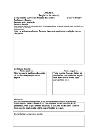 ANEXO A
                                       Registro de aula(s)
Componente Curricular: Gestão de carreira                                           Data: 01/09/2011
Professor: Gerson
Tema da aula: Avaliação
Resumo da aula:
(Deve conter o objetivo da aula, os principais conceitos abordados, as características de maior relevância para
compreender os conceitos,
(Exemplos etc.)
Hoje na aula do professor Gerson, tivermos a primeira avaliação dessa
disciplina.




Destaques da aula:
         Pontos positivos                                                      Pontos negativos
Fizermos uma avaliação baseada                                Todo mundo falou de todas as
na profissão que queríamos                                    profissões que poderias seguir,
seguir.                                                       mas acho que é muito cedo
                                                              para definir isso.




Avaliação:
(Faça uma avaliação sucinta do professor, da aula, da turma e uma auto-avaliarão de seu trabalho)
No momento toda a classe ficou preocupada sobre a avaliação do
professor, mas logo a classe devolveu o assunto muito bem, também
teve alguma explicação sobre as profissões a seguir.


Comentários Livres sobre a aula:
 