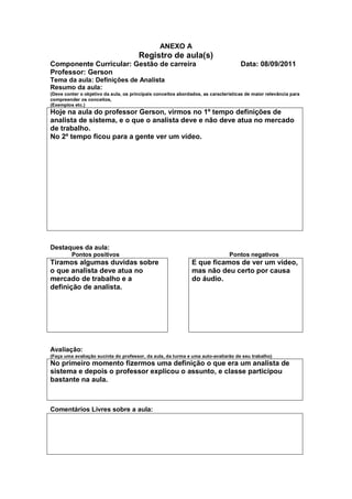 ANEXO A
                                       Registro de aula(s)
Componente Curricular: Gestão de carreira                                           Data: 08/09/2011
Professor: Gerson
Tema da aula: Definições de Analista
Resumo da aula:
(Deve conter o objetivo da aula, os principais conceitos abordados, as características de maior relevância para
compreender os conceitos,
(Exemplos etc.)
Hoje na aula do professor Gerson, virmos no 1º tempo definições de
analista de sistema, e o que o analista deve e não deve atua no mercado
de trabalho.
No 2º tempo ficou para a gente ver um vídeo.




Destaques da aula:
         Pontos positivos                                                      Pontos negativos
Tiramos algumas duvidas sobre                                  E que ficamos de ver um vídeo,
o que analista deve atua no                                    mas não deu certo por causa
mercado de trabalho e a                                        do áudio.
definição de analista.




Avaliação:
(Faça uma avaliação sucinta do professor, da aula, da turma e uma auto-avaliarão de seu trabalho)
No primeiro momento fizermos uma definição o que era um analista de
sistema e depois o professor explicou o assunto, e classe participou
bastante na aula.



Comentários Livres sobre a aula:
 