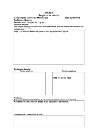 ANEXO A
                                       Registro de aula(s)
Componente Curricular: Matemática                                               Data: 12/09/2011
Professor: Nagoshi
Tema da aula: Equação do 1º grau
Resumo da aula:
(Deve conter o objetivo da aula, os principais conceitos abordados, as características de maior relevância para
compreender os conceitos,
Exemplos (etc.)
Hoje o professor falou um pouco sob equação do 1º grau




Destaques da aula:
         Pontos positivos                                                   Pontos negativos



                                                              Não fui à aula hoje.




Avaliação:
(Faça uma avaliação sucinta do professor, da aula, da turma e uma auto-avaliarão de seu trabalho)
Não tenho nada a relatar dessa aula, pois faltei na mesma.




Comentários Livres sobre a aula:
 
