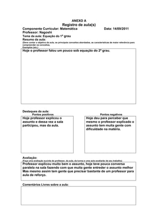 ANEXO A
                                       Registro de aula(s)
Componente Curricular: Matemática                                               Data: 14/09/2011
Professor: Nagoshi
Tema da aula: Equação do 1º grau
Resumo da aula:
(Deve conter o objetivo da aula, os principais conceitos abordados, as características de maior relevância para
compreender os conceitos,
Exemplos (etc.)
Hoje o professor falou um pouco sob equação do 2º grau.




Destaques da aula:
         Pontos positivos                                                   Pontos negativos
Hoje professor explicou o                                     Hoje deu para perceber que
assunto e dessa vez a sala                                    mesmo o professor explicado o
participou, mas da aula.                                      assunto tem muita gente com
                                                              dificuldade na matéria.




Avaliação:
(Faça uma avaliação sucinta do professor, da aula, da turma e uma auto-avaliarão de seu trabalho)
Professor explicou muito bem o assunto, hoje teve pouca conversa
paralela na sala fazendo com que muita gente entreder o assunto melhor
Mas mesmo assim tem gente que precisar bastante de um professor para
aula de reforço.


Comentários Livres sobre a aula:
 