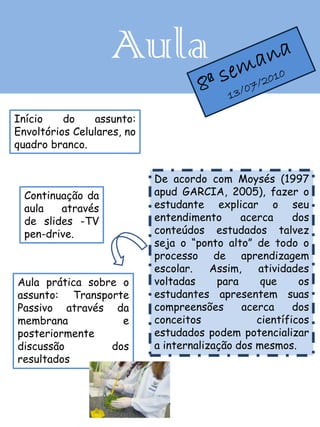 Aula
Início    do    assunto:
Envoltórios Celulares, no
quadro branco.


                            De acordo com Moysés (1997
  Continuação da            apud GARCIA, 2005), fazer o
  aula   através            estudante explicar o seu
  de slides -TV             entendimento      acerca     dos
  pen-drive.                conteúdos estudados talvez
                            seja o “ponto alto” de todo o
                            processo de aprendizagem
                            escolar.    Assim,   atividades
Aula prática sobre o        voltadas     para     que     os
assunto: Transporte         estudantes apresentem suas
Passivo através da          compreensões      acerca     dos
membrana           e        conceitos            científicos
posteriormente              estudados podem potencializar
discussão        dos        a internalização dos mesmos.
resultados
 