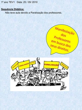 1º ano TEV1 Data: 25 / 05/ 2010

Sequência Didática:
   Não teve aula devido a Paralisação dos professores.
 