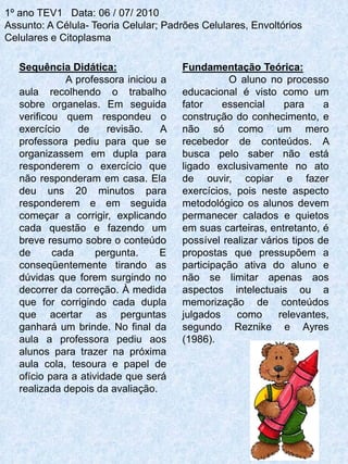 1º ano TEV1 Data: 06 / 07/ 2010
Assunto: A Célula- Teoria Celular; Padrões Celulares, Envoltórios
Celulares e Citoplasma

   Sequência Didática:                 Fundamentação Teórica:
              A professora iniciou a             O aluno no processo
   aula recolhendo o trabalho          educacional é visto como um
   sobre organelas. Em seguida         fator    essencial     para     a
   verificou quem respondeu o          construção do conhecimento, e
   exercício    de     revisão.    A   não só como um mero
   professora pediu para que se        recebedor de conteúdos. A
   organizassem em dupla para          busca pelo saber não está
   responderem o exercício que         ligado exclusivamente no ato
   não responderam em casa. Ela        de ouvir, copiar e fazer
   deu uns 20 minutos para             exercícios, pois neste aspecto
   responderem e em seguida            metodológico os alunos devem
   começar a corrigir, explicando      permanecer calados e quietos
   cada questão e fazendo um           em suas carteiras, entretanto, é
   breve resumo sobre o conteúdo       possível realizar vários tipos de
   de      cada      pergunta.     E   propostas que pressupõem a
   conseqüentemente tirando as         participação ativa do aluno e
   dúvidas que forem surgindo no       não se limitar apenas aos
   decorrer da correção. À medida      aspectos intelectuais ou a
   que for corrigindo cada dupla       memorização de conteúdos
   que acertar as perguntas            julgados    como      relevantes,
   ganhará um brinde. No final da      segundo Reznike e Ayres
   aula a professora pediu aos         (1986).
   alunos para trazer na próxima
   aula cola, tesoura e papel de
   ofício para a atividade que será
   realizada depois da avaliação.
 
