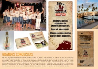 33
Uma das maiores campanhas de incentivo realizadas no Brasil, no segmento de varejo. A Rota da Conquista
teve duração geral de seis meses, foi dividida em duas etapas e envolveu mais de cinco mil proﬁssionais
de vendas. A BGK organizou os eventos de lançamento da campanha em cada regional e criou todas as peças
gráﬁcas distribuídas para os funcionários. Em seguida, ocupou-se com a divulgação do ranking e o envio
de mensagens motivacionais. Além disso, responsabilizou-se pela premiação das duas etapas: escolha dos
prêmios, coordenação de viagens com mais de 300 participantes e deﬁnição da programação. Os resultados
foram excelentes e houve aumento do índice de vendas das marcas parceiras em todas as regionais.
GRANDES CONQUISTAS
 