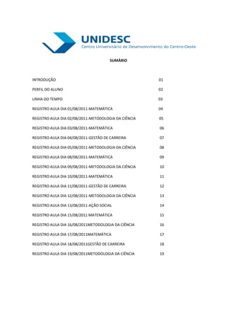 SUMÁRIO



INTRODUÇÃO                                            01

PERFIL DO ALUNO                                       02

LINHA DO TEMPO                                        03

REGISTRO AULA DIA 01/08/2011-MATEMÁTICA               04

REGISTRO AULA DIA 02/08/2011-METODOLOGIA DA CIÊNCIA   05

REGISTRO AULA DIA 03/08/2011-MATEMÁTICA               06

REGISTRO AULA DIA 04/08/2011-GESTÃO DE CARREIRA       07

REGISTRO AULA DIA 05/08/2011-METODOLOGIA DA CIÊNCIA   08

REGISTRO AULA DIA 08/08/2011-MATEMÁTICA               09

REGISTRO AULA DIA 09/08/2011-METODOLOGIA DA CIÊNCIA   10

REGISTRO AULA DIA 10/08/2011-MATEMÁTICA               11

REGISTRO AULA DIA 11/08/2011-GESTÃO DE CARREIRA       12

REGISTRO AULA DIA 12/08/2011-METODOLOGIA DA CIÊNCIA   13

REGISTRO AULA DIA 13/08/2011-AÇÃO SOCIAL              14

REGISTRO AULA DIA 15/08/2011 MATEMÁTICA               15

REGISTRO AULA DIA 16/08/2011METODOLOGIA DA CIÊNCIA    16

REGISTRO AULA DIA 17/08/2011MATEMÁTICA                17

REGISTRO AULA DIA 18/08/2011GESTÃO DE CARREIRA        18

REGISTRO AULA DIA 19/08/2011METODOLOGIA DA CIÊNCIA    19
 