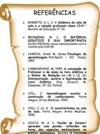 REFERÊNCIAS BARRETO, A. L. V. A  dinâmica da sala de aula e a relação professor-aluno  CEAP – Revista de Educação nº. 10.  BROMBERG, M. C.  O MATERIAL DIDÁTICO E SUA IMPORTÂNCIA  16/01/2007 http://www.hiperatividade.com.br/article.php?sid=90  CAMPOS, Dinah M. Sousa.  Psicologia da aprendizagem .  Petrópolis – RJ: Vozes, 1987.   CARMAGNANI, M. 1999.  A concepção de Professor e de aluno no livro didático e o Ensino de Redação  em LM e LE. In:  Interpretação, autoria e legitimação do Livro Didático . Org: Coracini, M. Campinas, SP: Ed. Pontes. COLL, C.  Aprendizagem escolar e construção do conhecimento . Porto Alegre: Artes Médicas, 1994.  COLL, C. et. al .  O construtivismo na sala de aula.  Porto Alegre: Artes Médicas, 1996. COSTA, M. A. C.  Paixão de formar/ aprender com paixão: reflexões em torno dos aspectos motivacionais na prática pedagógica.  Revista de Educação CEAP, n.25, p. 16-23, Salvador, jun. 1999. 