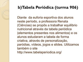 b)Tabela Periódica (turma 906)

Diante da euforia esportiva dos alunos
neste período, a professora Renata
(Ciências) se propôs a trabalhar equilíbrio
nutricional através da tabela periódica
(elementos presentes nos alimentos) e os
alunos estudaram a tabela de forma
criativa, através de personalização,
paródias, vídeos, jogos e slides. Utilizamos
também o site
http://www.tabelaperiodica.org/
 