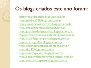 Os blogs criados este ano foram:
 http://musicasadriele.blogspot.com.br
 http://nerdred360.blogspot.com.br
 http://souabracosesorrisos.blogspot.com.br
 http://todasasbombas.blogspot.com.br
 http://jonatha-designgrafico.blogspot.com.br
 http://sentimentos-excluidos.blogspot.com.br
 http://astrofisica-empoto.blogspot.com.br
 http://acessograffiti.blogspot.com.br
 http://rockquevaleapena.blogspot.com.br
 http://dor12.blogspot.com.br
 http://amore-paixao.blogspot.com.br
 http://aorigemdasaeronaves.blogspot.com.br
 http://sonhar-faz–parte.blogspot.com.br
 
