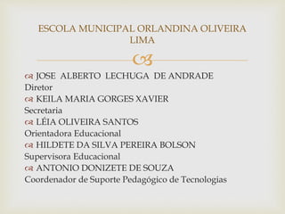 
ESCOLA MUNICIPAL ORLANDINA OLIVEIRA
LIMA
 JOSE ALBERTO LECHUGA DE ANDRADE
Diretor
 KEILA MARIA GORGES XAVIER
Secretaria
 LÉIA OLIVEIRA SANTOS
Orientadora Educacional
 HILDETE DA SILVA PEREIRA BOLSON
Supervisora Educacional
 ANTONIO DONIZETE DE SOUZA
Coordenador de Suporte Pedagógico de Tecnologias
 
