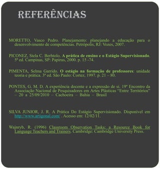 Referências

MORETTO, Vasco Pedro. Planejamento: planejando a educação para o
  desenvolvimento de competências. Petrópolis, RJ: Vozes, 2007.

PICONEZ, Stela C. Berhtolo. A prática de ensino e o Estágio Supervisionado.
   5ª ed. Campinas, SP: Papirus, 2000. p. 15 -74.

PIMENTA, Selma Garrido. O estágio na formação de professores: unidade
  teoria e prática. 3ª ed. São Paulo: Cortez, 1997. p. 21 – 80.

PONTES, G. M. D. A experiência docente e a expressão de si. 19º Encontro da
  Associação Nacional de Pesquisadores em Artes Plásticas “Entre Territórios”
  – 20 a 25/09/2010 – Cachoeira – Bahia – Brasil


SILVA JUNIOR, J. R. A Prática Do Estágio Supervisionado. Disponível em
   http://www.artigonal.com/ . Acesso em: 12/02/11.

Wajnryb, R. (1996) Classroom Observation Tasks: a Resource Book for
  Language Teachers and Trainers. Cambridge: Cambridge University Press.
 