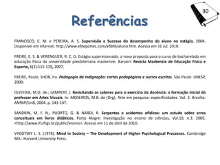 30

                                Referências
FRANCISCO, C. M. e PEREIRA, A. S. Supervisão e Sucesso do desempenho do aluno no estágio, 2004.
Disponível em internet. http://www.efdeportes.com/efd69/aluno.htm. Acesso em 31 Jul. 2010.

FREIRE, E. S. & VERENGUER, R. C. G. Estágio supervisionado: a nova proposta para o curso de bacharelado em
educação física da universidade presbiteriana mackenzie. Barueri: Revista Mackenzie de Educação Física e
Esporte, 6(2):115-119, 2007.

FREIRE, Paulo; SHOR, Ira. Pedagogia da Indignação: cartas pedagógicas e outros escritos. São Paulo: UNESP,
2000.

OLIVEIRA, M.O. de.; LAMPERT, J. Revisitando os saberes para o exercício da docência: a formação inicial do
professor em Artes Visuais. In: MEDEIROS, M.B. de (Org). Arte em pesquisa: especificidades. Vol. 2. Brasília:
ANPAP/UnB, 2004. p. 141-147.

SANDRIN, M. F. N.; PUORTO, G. & NARDI, R. Serpentes e acidentes ofídicos: um estudo sobre erros
conceituais em livros didáticos. Porto Alegre: Investigação no ensino de ciências, Vol.10, n.3. 2005.
<http://www.if.ufrgs.br/public/ensino>. Acesso em 11 de abril de 2010.

VYGOTSKY L. S. (1978). Mind in Society – The Development of Higher Psychological Processes. Cambridge
MA : Harvard University Press.
 