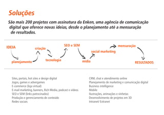 Soluções
São mais 200 projetos com assinatura da Enken, uma agência de comunicação
 digital que oferece novas ideias, desde o planejamento até a mensuração
  de resultados.

                                             SEO e SEM                                 mensuração
IDEIA                criação
                                                                    social marketing

                             tecnologia                     mídia
  planejamento                                                                                      RESULTADOS



  Sites, portais, hot sites e design digital                    CRM, chat e atendimento online
  Jogos, games e advergames                                     Planejamento de marketing e comunicação digital
  E-commerce (loja virtual)                                     Business intelligence
  E-mail marketing, banners, Rich Media, podcast e vídeos       Mobile
  SEO e SEM (links patrocinados)                                Ilustrações, animações e vinhetas
  Produção e gerenciamento de conteúdo                          Desenvolvimento de projetos em 3D
  Redes sociais                                                 Intranet/ Extranet
 