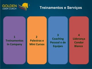 Treinamentos e Serviços 4 Liderança Condor Blanco  1 Treinamentos In Company 2  Palestras e Mini Cursos 3 Coaching Pessoal e de Equipes 