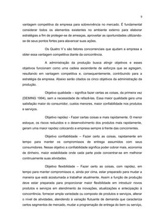 vantagem competitiva da empresa para sobrevivência no mercado. É fundamental
considerar todos os elementos existentes no ambiente externo para elaborar
estratégias a fim de proteger-se de ameaças, aproveitar as oportunidades utilizando-
se de seus pontos fortes para alavancar suas ações.
Os Quatro V`s são fatores concorrenciais que ajudam a empresa a
obter essa vantagem competitiva diante da concorrência.
A administração da produção busca atingir objetivos e esses
objetivos funcionam como uma cadeia ascendente de esforços que se agregam,
resultando em vantagem competitiva e, consequentemente, contribuindo para a
estratégia da empresa. Abaixo serão citados os cinco objetivos da administração da
produção.
Objetivo qualidade – significa fazer certas as coisas, da primeira vez
(DEMING 1994), sem a necessidade de refazê-las. Essa maior qualidade gera uma
satisfação maior do consumidor, custos menores, maior confiabilidade nos produtos
e serviços.
Objetivo rapidez - Fazer certas coisas e mais rapidamente. O menor
estoque, os riscos reduzidos e o desenvolvimento dos produtos mais rapidamente,
geram uma maior rapidez colocando a empresa sempre à frente das concorrentes.
Objetivo confiabilidade – Fazer certo as coisas, rapidamente em
tempo para manter os compromissos de entrega assumidos com seus
consumidores. Nesse objetivo a confiabilidade significa poder cobrar mais, economia
de dinheiro, maior estabilidade onde cada parte pode concentrar-se em melhorar
continuamente suas atividades.
Objetivo flexibilidade – Fazer certo as coisas, com rapidez, em
tempo para manter compromissos e, ainda por cima, estar preparado para mudar a
maneira que está acostumada a trabalhar atualmente. Assim a função de produção
deve estar preparada para proporcionar maior flexibilidade em introduzir novos
produtos e serviços em atendimento às inovações, atualizações e antecipação à
concorrência, fornecer ampla variedade ou composto de produtos e serviços, alterar
o nível de atividades, atendendo à variação flutuante de demanda que caracteriza
certos segmentos de mercado, mudar a programação de entrega do bem ou serviço,
9
 