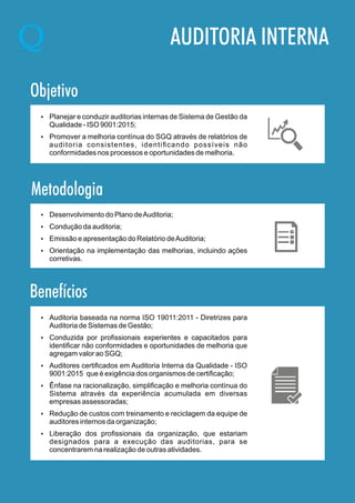 AUDITORIA INTERNA
Objetivo
Ÿ Planejar e conduzir auditorias internas de Sistema de Gestão da
Qualidade - ISO 9001:2015;
Ÿ Promover a melhoria contínua do SGQ através de relatórios de
auditoria consistentes, identiﬁcando possíveis não
conformidades nos processos e oportunidades de melhoria.
Metodologia
Benefícios
Ÿ Desenvolvimento do Plano deAuditoria;
Ÿ Condução da auditoria;
Ÿ Emissão e apresentação do Relatório deAuditoria;
Ÿ Orientação na implementação das melhorias, incluindo ações
corretivas.
Ÿ Auditoria baseada na norma ISO 19011:2011 - Diretrizes para
Auditoria de Sistemas de Gestão;
Ÿ Conduzida por proﬁssionais experientes e capacitados para
identiﬁcar não conformidades e oportunidades de melhoria que
agregam valor ao SGQ;
Ÿ Auditores certiﬁcados em Auditoria Interna da Qualidade - ISO
9001:2015 que é exigência dos organismos de certiﬁcação;
Ÿ Ênfase na racionalização, simpliﬁcação e melhoria contínua do
Sistema através da experiência acumulada em diversas
empresas assessoradas;
Ÿ Redução de custos com treinamento e reciclagem da equipe de
auditores internos da organização;
Ÿ Liberação dos proﬁssionais da organização, que estariam
designados para a execução das auditorias, para se
concentrarem na realização de outras atividades.
 