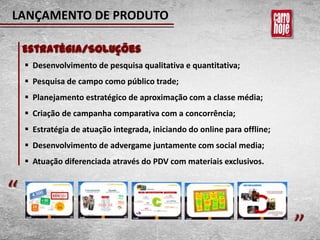 LANÇAMENTO DE PRODUTO

    Estratégia/Soluções
     Desenvolvimento de pesquisa qualitativa e quantitativa;
     Pesquisa de campo como público trade;
     Planejamento estratégico de aproximação com a classe média;
     Criação de campanha comparativa com a concorrência;
     Estratégia de atuação integrada, iniciando do online para offline;
     Desenvolvimento de advergame juntamente com social media;
     Atuação diferenciada através do PDV com materiais exclusivos.


“                                                                          “
 